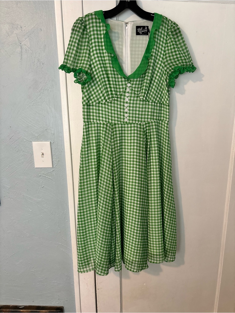 Hell Bunny Anne Marie Green Gingham Ruffle-Trim Dress